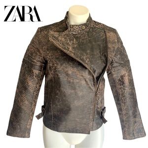 Zara Distressed Quilted Leather Biker Moto Jacket Zippered Asymmetrical